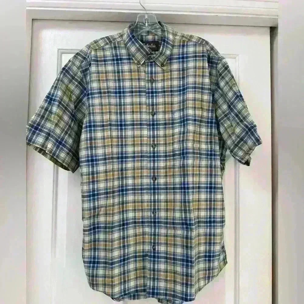 Cabela's Button‎ Down Casual Short Sleeve Shirt Mens Large Blue Yellow Plaid